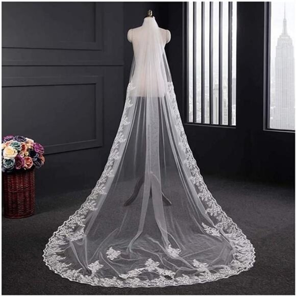 Women's Applique Bride Wedding Veil Long Chapel Length 1 Tier Bridal Veil Hair - Picture 3 of 7